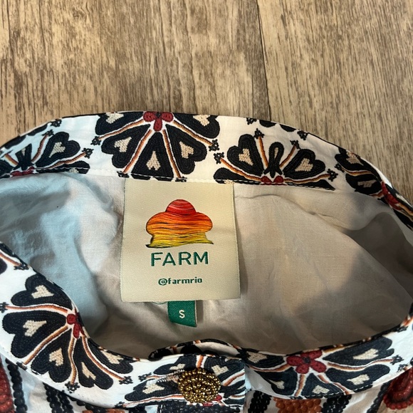 Farm Rio Flower Fan Off White Tapestry Dress Puff Sleeve Button Down Size Small - Picture 3 of 14